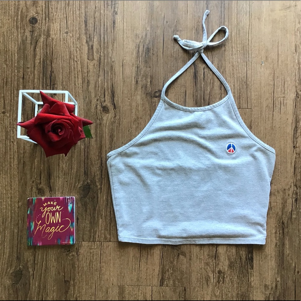 Grey PEACE Crop Halter Top